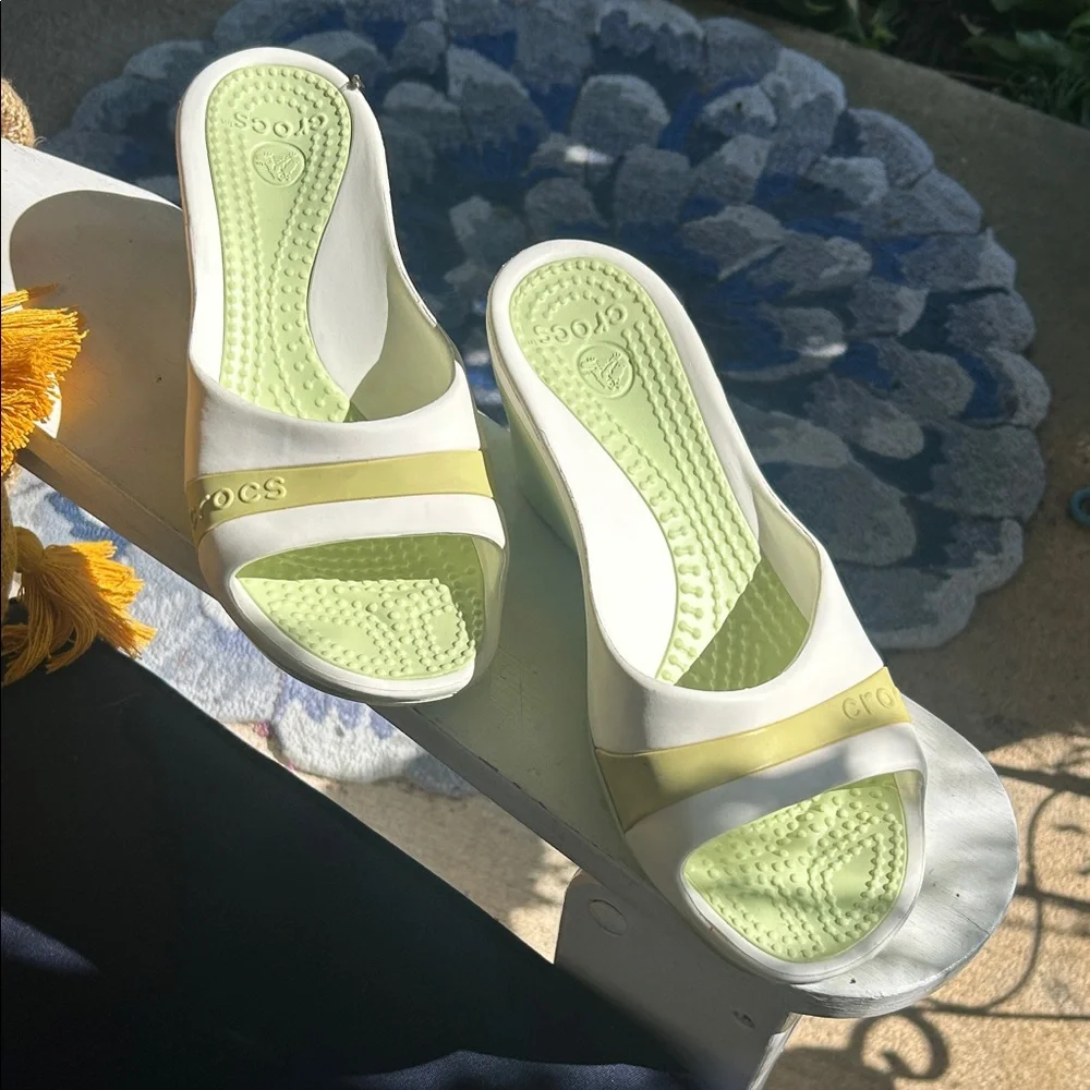 CROCS Sassari Lime Green and White Wedge Sandals